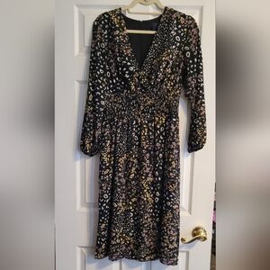 Rachel Roy Black Floral V-Neck Long Sleeve Midi Dress